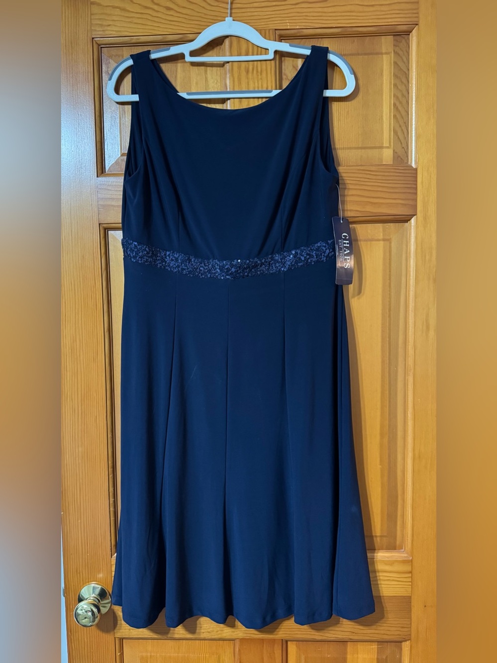 Chaps Navy Blue Sleeveless Dress with Sequin Waist